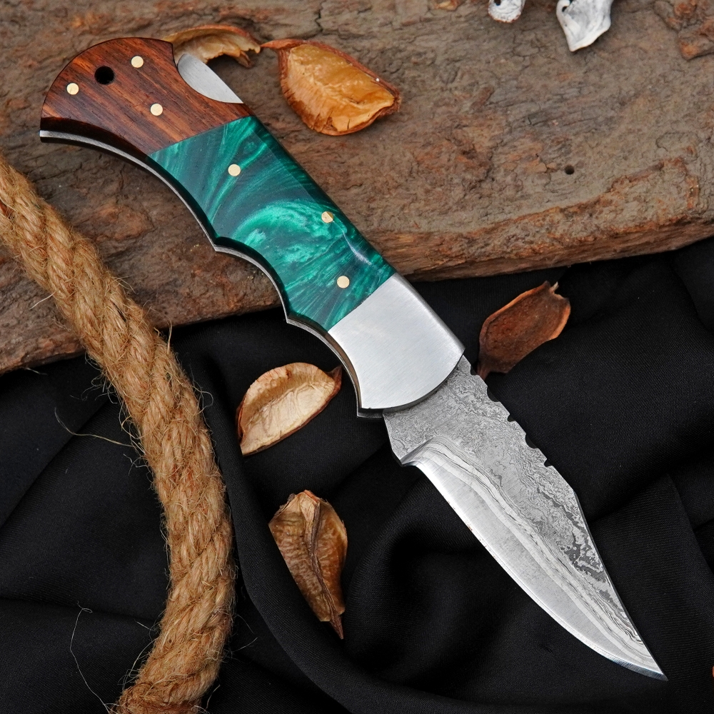 Handmade Damascus Folding Knife Rosewood and Resin Handle Custom Pocket Knife With Leather Sheath