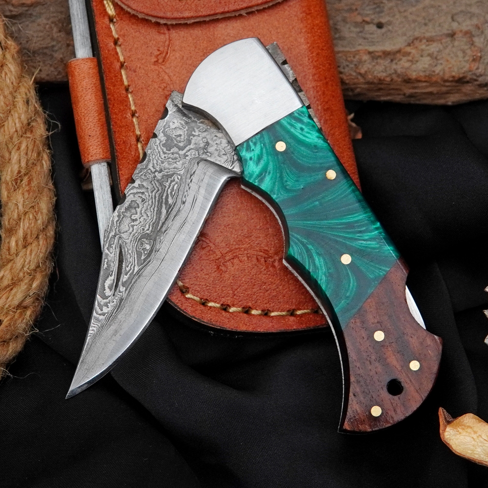 Handmade Damascus Folding Knife Rosewood and Resin Handle Custom Pocket Knife With Leather Sheath