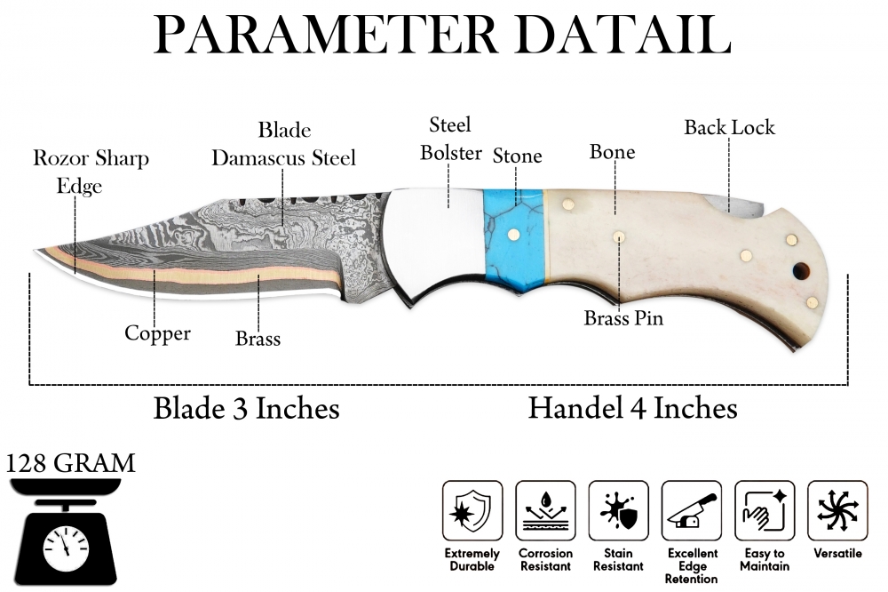 Copper Damascus Pocket Knife Turquoise Stone & Camel Bone Handle Handmade Folding Knife