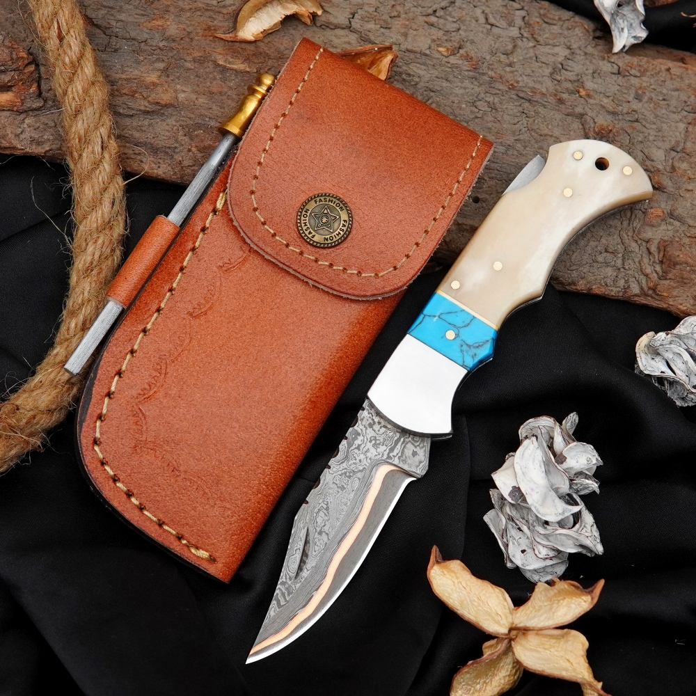Copper Damascus Pocket Knife Turquoise Stone & Camel Bone Handle Handmade Folding Knife