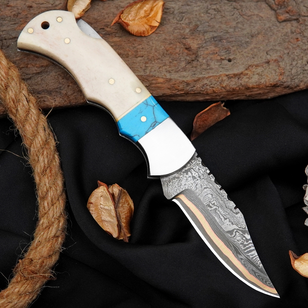 Copper Damascus Pocket Knife Turquoise Stone & Camel Bone Handle Handmade Folding Knife