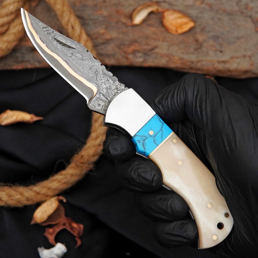 Copper Damascus Pocket Knife Turquoise Stone & Camel Bone Handle Handmade Folding Knife