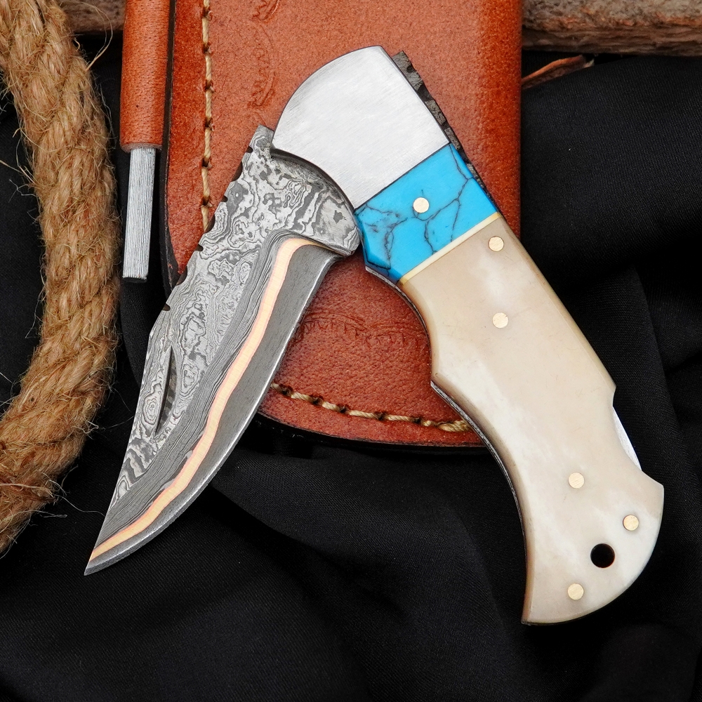 Copper Damascus Pocket Knife Turquoise Stone & Camel Bone Handle Handmade Folding Knife