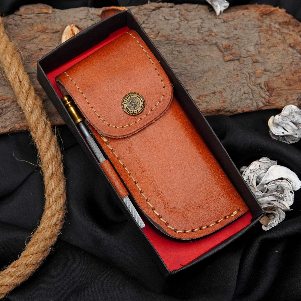 Handmade Copper Damascus Pocket Knife - Olivewood Handle Gift For Him Folding Knife With Sheath