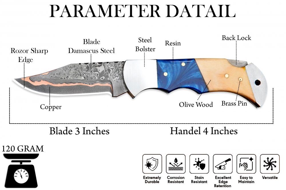 Handmade Copper Damascus Pocket Knife - Olivewood Handle Gift For Him Folding Knife With Sheath