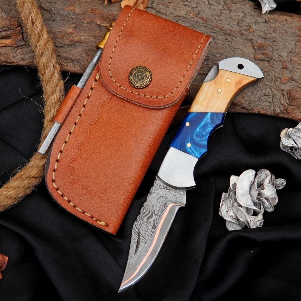 Handmade Copper Damascus Pocket Knife - Olivewood Handle Gift For Him Folding Knife With Sheath