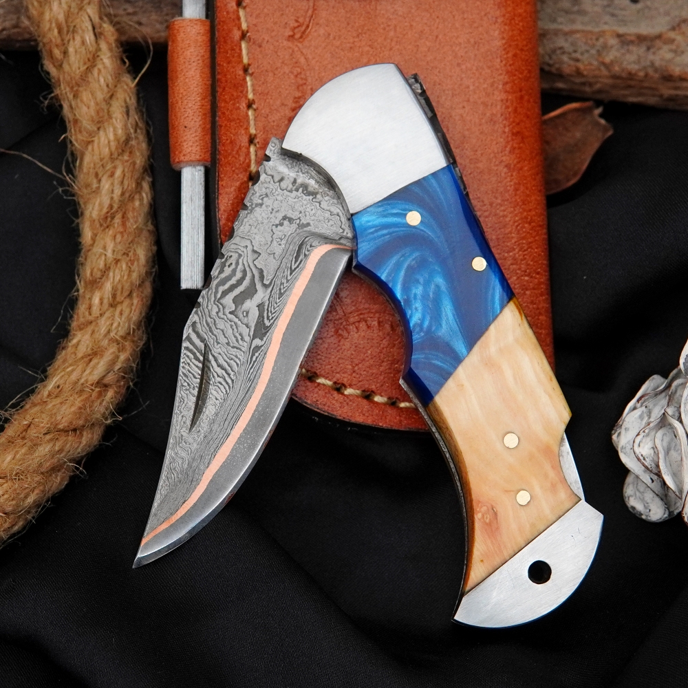 Handmade Copper Damascus Pocket Knife - Olivewood Handle Gift For Him Folding Knife With Sheath