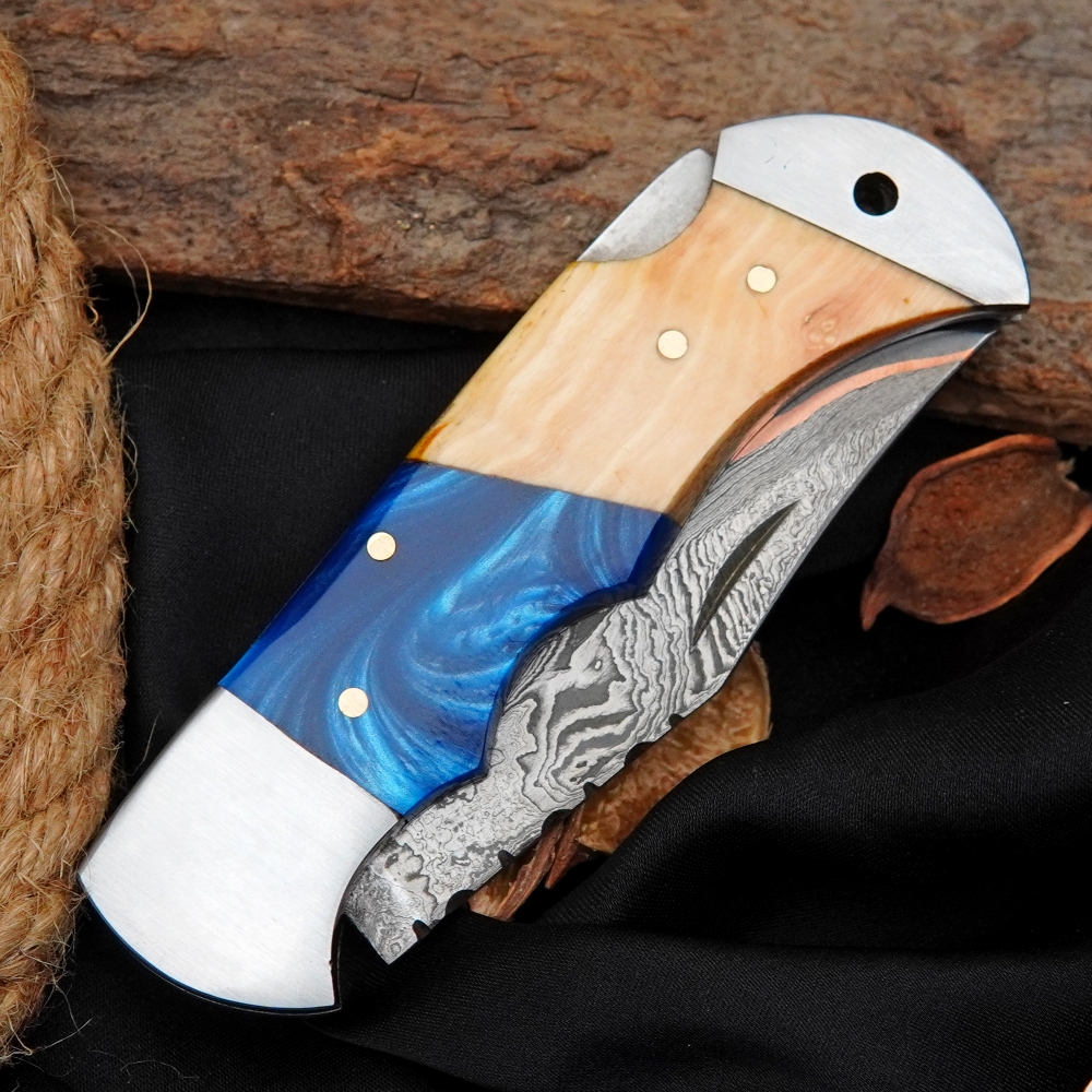 Handmade Copper Damascus Pocket Knife - Olivewood Handle Gift For Him Folding Knife With Sheath