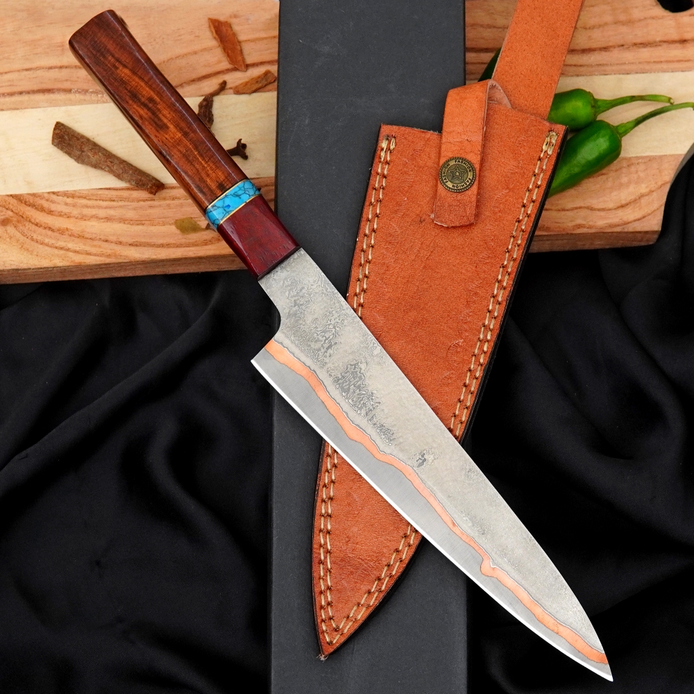 Hand Forged Copper Chef Knife - 440C Steel Kitchen Knife With Rosewood Handle & Leather Sheath