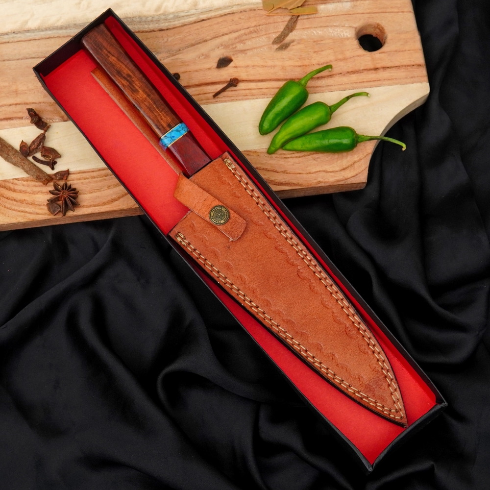 Hand Forged Copper Chef Knife - 440C Steel Kitchen Knife With Rosewood Handle & Leather Sheath