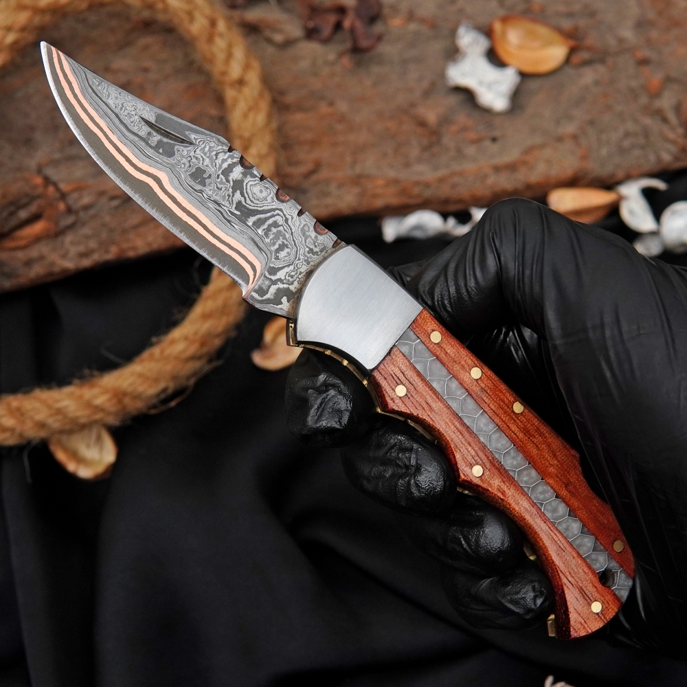 Hand Forged Copper Damascus Pocket Knife African, Wood Handle Folding Knife With Sheath