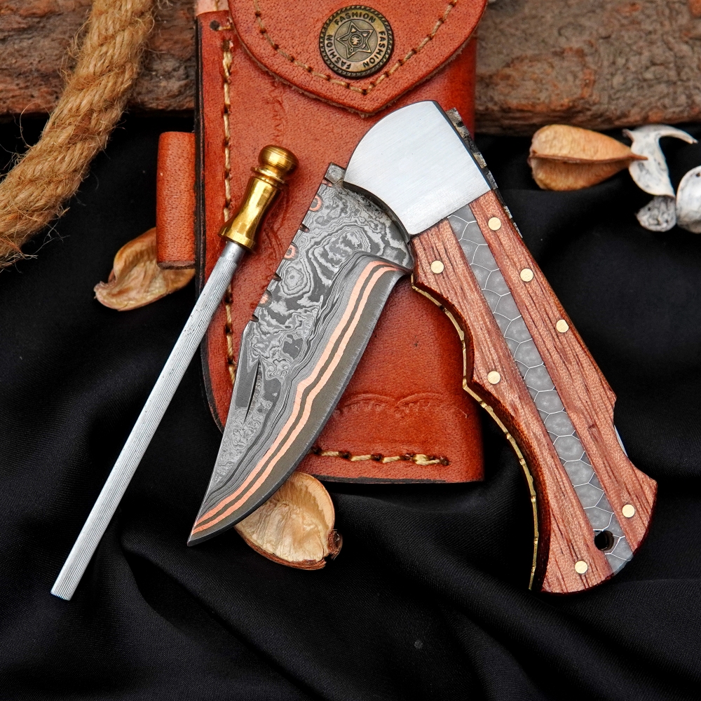 Hand Forged Copper Damascus Pocket Knife African, Wood Handle Folding Knife With Sheath