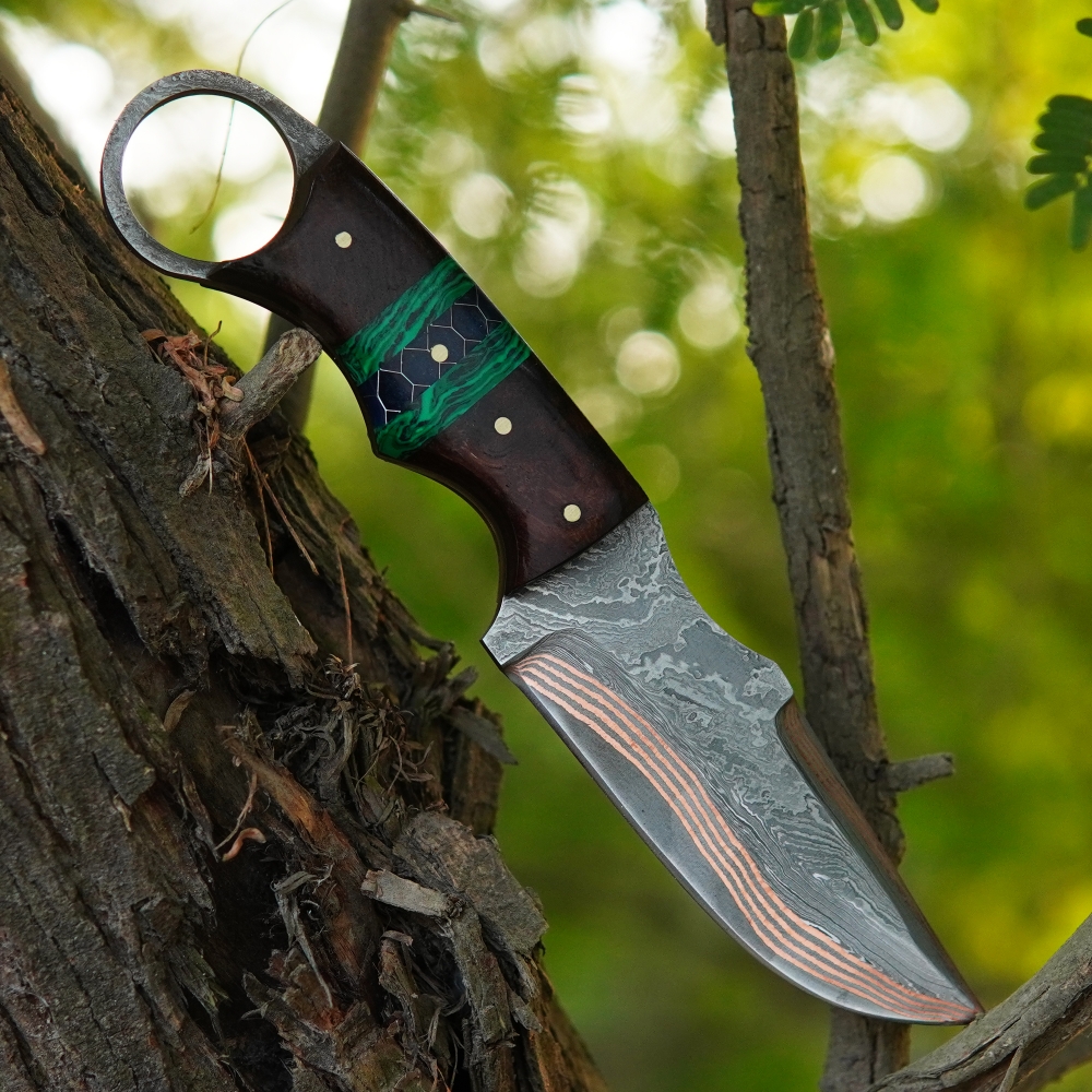 Copper Damascus Cowboy Knife and Sheath, Handmade 4 Copper Layer Skinner Knife