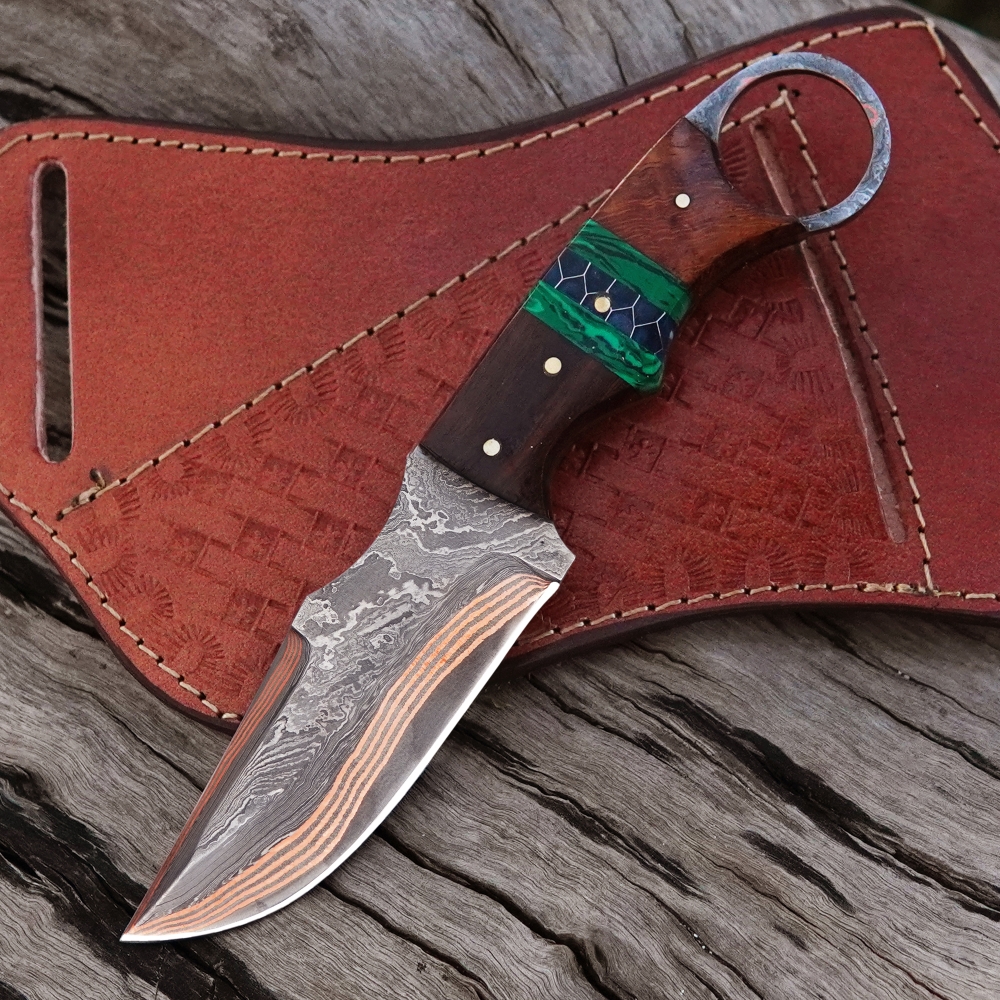Copper Damascus Cowboy Knife and Sheath, Handmade 4 Copper Layer Skinner Knife