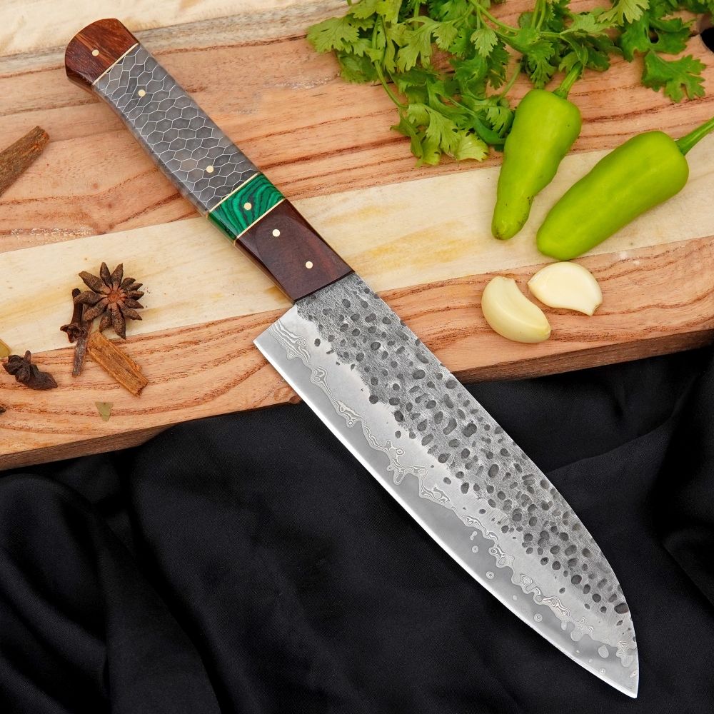 Hand Forged 440C Stainless Steel Chef Knife Rosewood, Resin & Malachite Handle Kitchen Cooking BBQ Knife