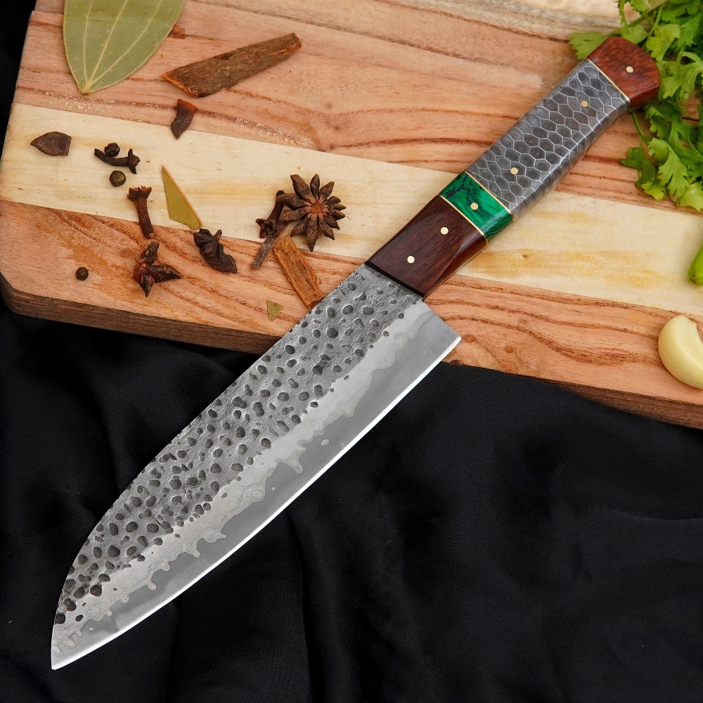 Hand Forged 440C Stainless Steel Chef Knife Rosewood, Resin & Malachite Handle Kitchen Cooking BBQ Knife