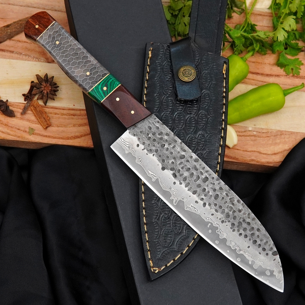 Hand Forged 440C Stainless Steel Chef Knife Rosewood, Resin & Malachite Handle Kitchen Cooking BBQ Knife