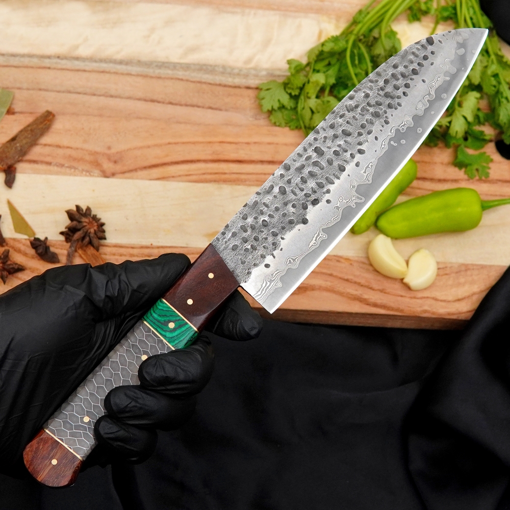 Hand Forged 440C Stainless Steel Chef Knife Rosewood, Resin & Malachite Handle Kitchen Cooking BBQ Knife