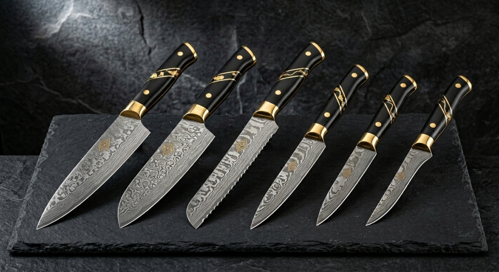 **Handmade 6-Piece Damascus Steel Chef Knife Set with Black & Gold Ebony Handles & Luxury Walnut Presentation Case**