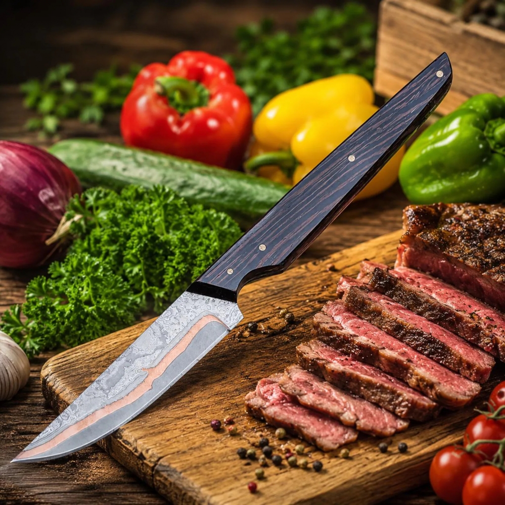 Handmade Copper Damascus Chef Knife | 440C Steel Kitchen Knife, Wenge Handle Gift For Cook Camping Knife