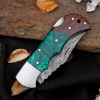 Handmade Damascus Folding Knife Rosewood and Resin Handle Custom Pocket Knife With Leather Sheath