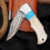 Copper Damascus Pocket Knife Turquoise Stone & Camel Bone Handle Handmade Folding Knife