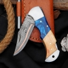 Handmade Copper Damascus Pocket Knife - Olivewood Handle Gift For Him Folding Knife With Sheath