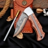 Hand Forged Copper Damascus Pocket Knife African, Wood Handle Folding Knife With Sheath