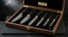 **Handmade 6-Piece Damascus Steel Chef Knife Set with Black & Gold Ebony Handles & Luxury Walnut Presentation Case**