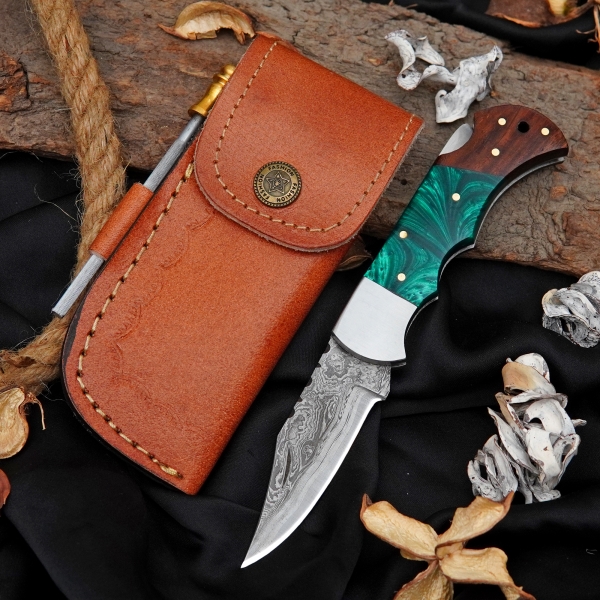 Handmade Damascus Folding Knife Rosewood and Resin Handle Custom Pocket Knife With Leather Sheath