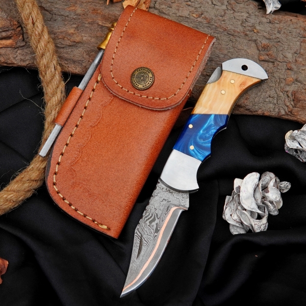 Handmade Copper Damascus Pocket Knife - Olivewood Handle Gift For Him Folding Knife With Sheath
