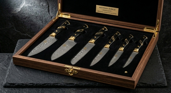 **Handmade 6-Piece Damascus Steel Chef Knife Set with Black & Gold Ebony Handles & Luxury Walnut Presentation Case**