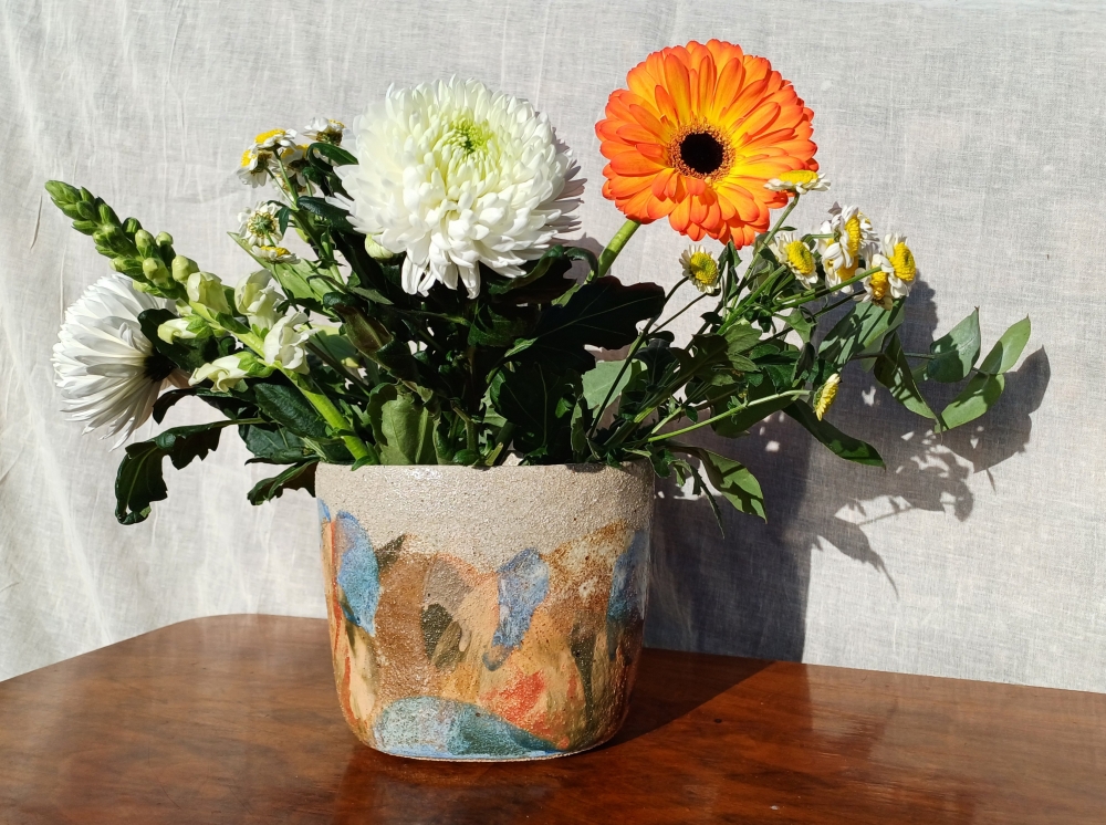 Oval vase - peach & cornflower