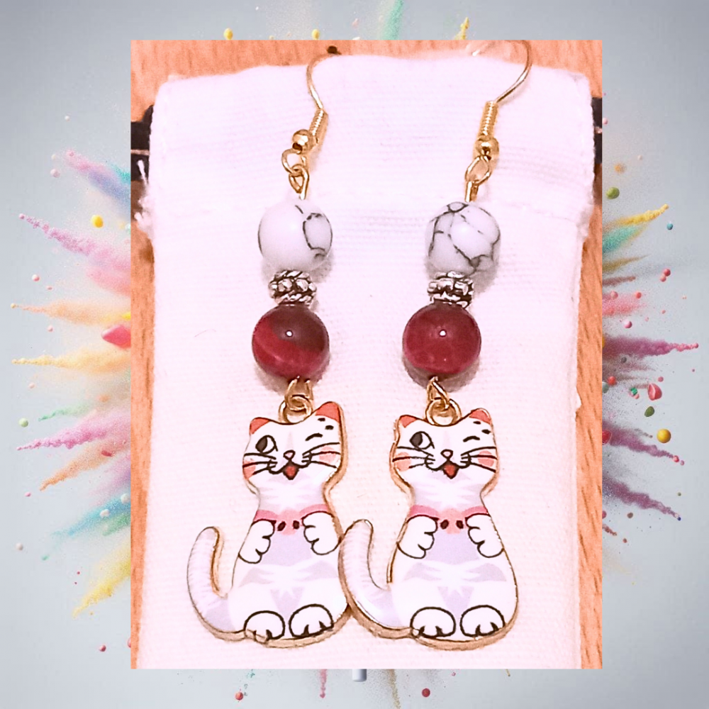 Boucles d'oreilles tendresse Chat rose et blanc