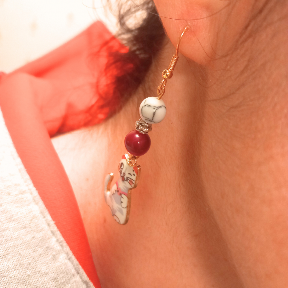 Boucles d'oreilles tendresse Chat rose et blanc