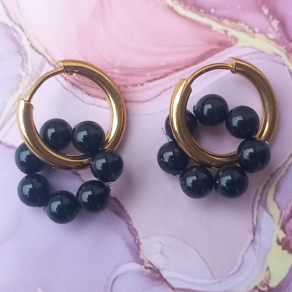 Boucles d'oreilles créoles Perles nacrées Noir