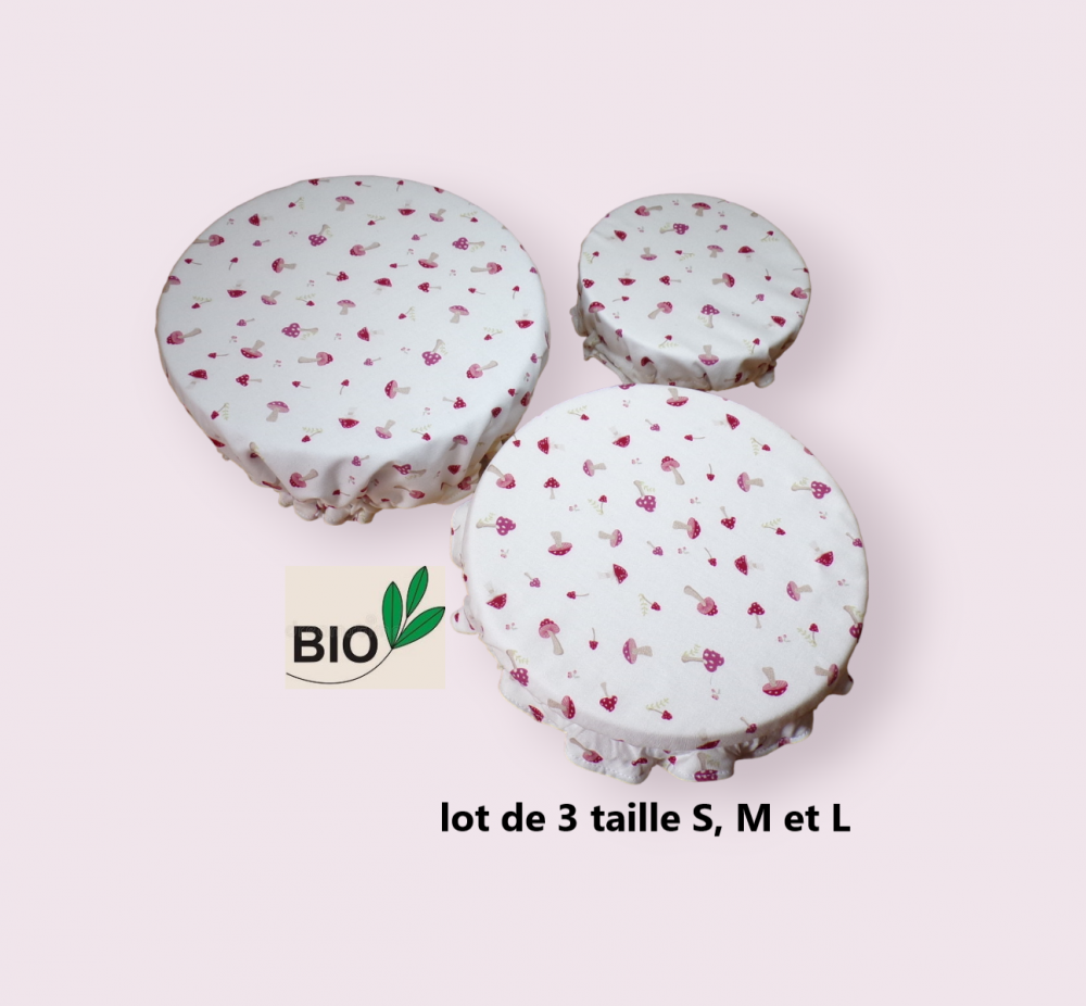 lot de 3 charlottes couvre plat coton BIO doublé PUL certifié contact alimentaire