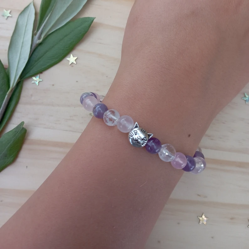 Bracelet enfant en améthyste , quartz rose et cristal de roche:\"Calme- douceur- harmonie\"  ✨ Livraison offerte 