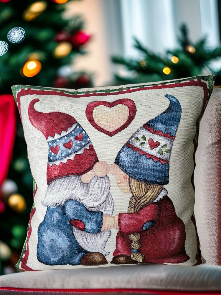 Housse de coussin jacquard couple de gnomes 