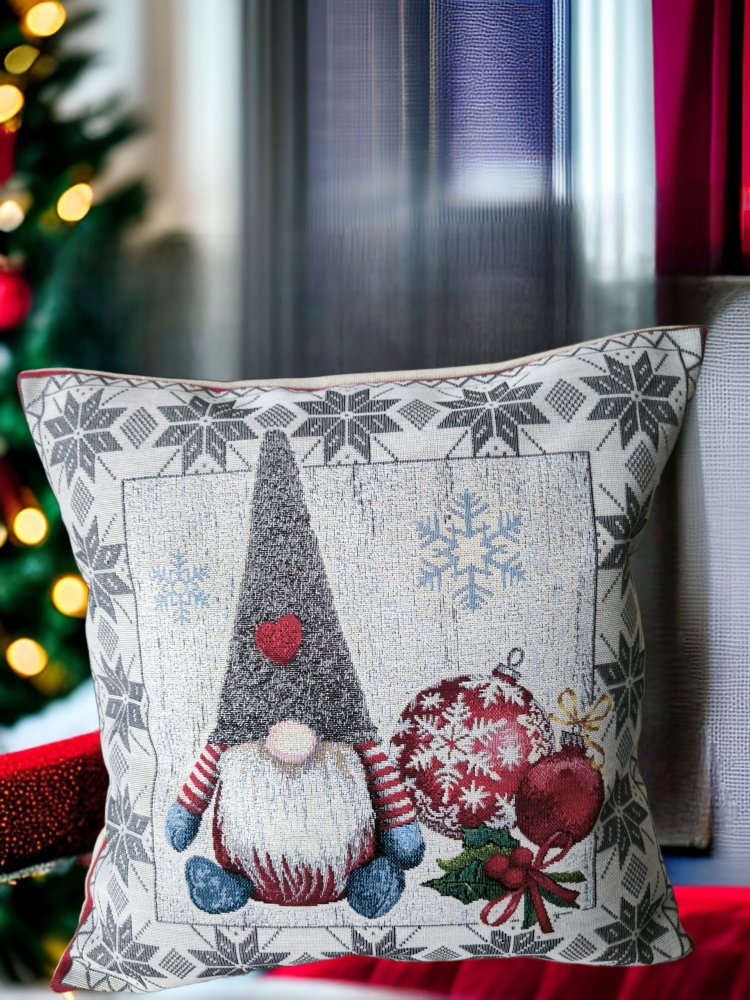 Housse de coussin jacquard gnomes et boule de Noël 