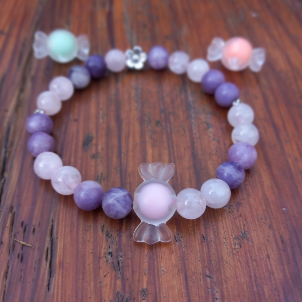 Bracelet bonbon - Pierres Naturelles  Quartz Rose et Lépidolite violet