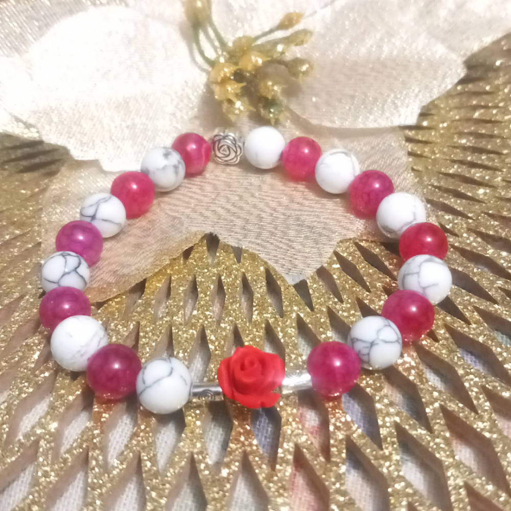 Bracelet Fleur Rose rouge Passion - Pierres Naturelles Agate veine de dragon rouge et Howlite