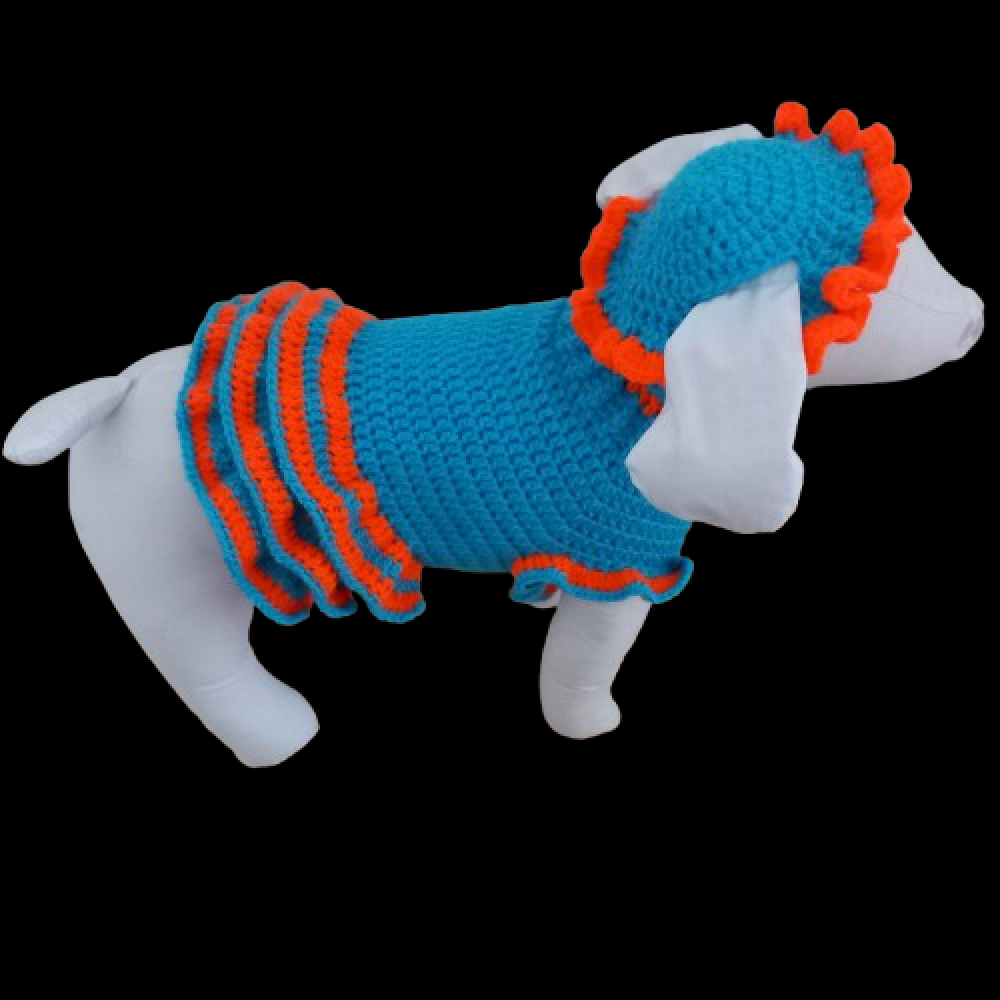 Robe pour chien d'environ 2.5 kg  3 volants collection bicolore bleu/orange + chapeau assorti en option