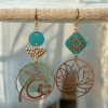 Boucles d'oreilles bohème chic dépareillées asymétriques fleurs de lotus et colibri doré sequins turquoise