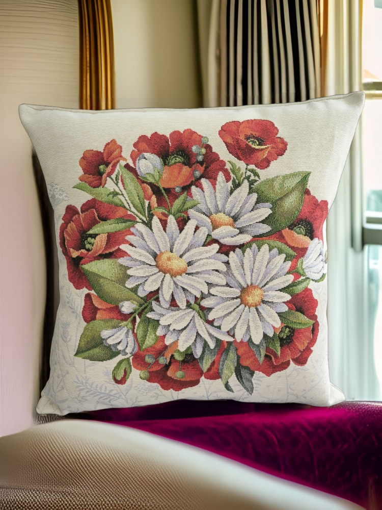Housse de coussin coquelicot et pâquerettes 