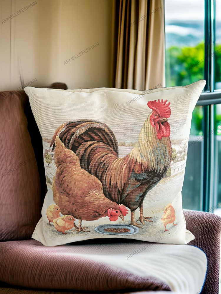 Housse de coussin la poule et le coq