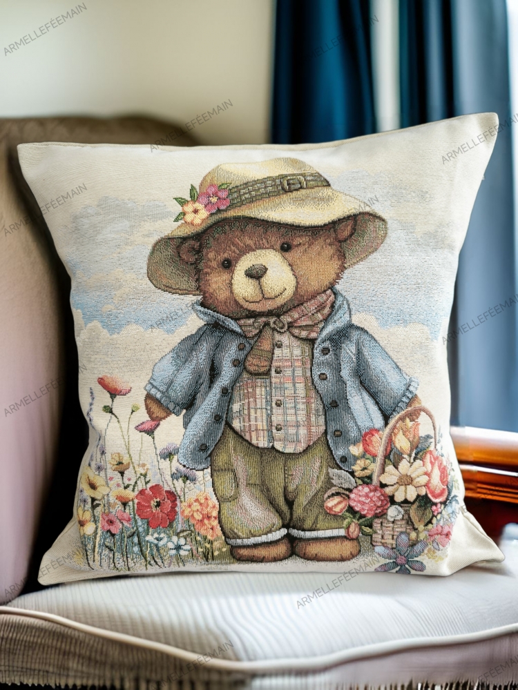 Housse de coussin ourson printanier 