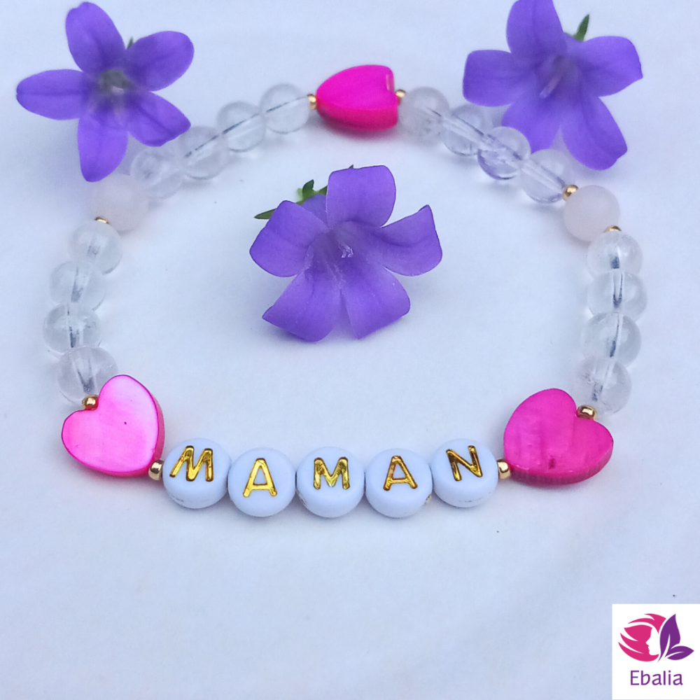 Bracelet Personnalisé \"Amour Éternel\" - Mot - lettres personnalisable, Cœurs nacrés personnalisable- Cristal de Roche - quartz rose