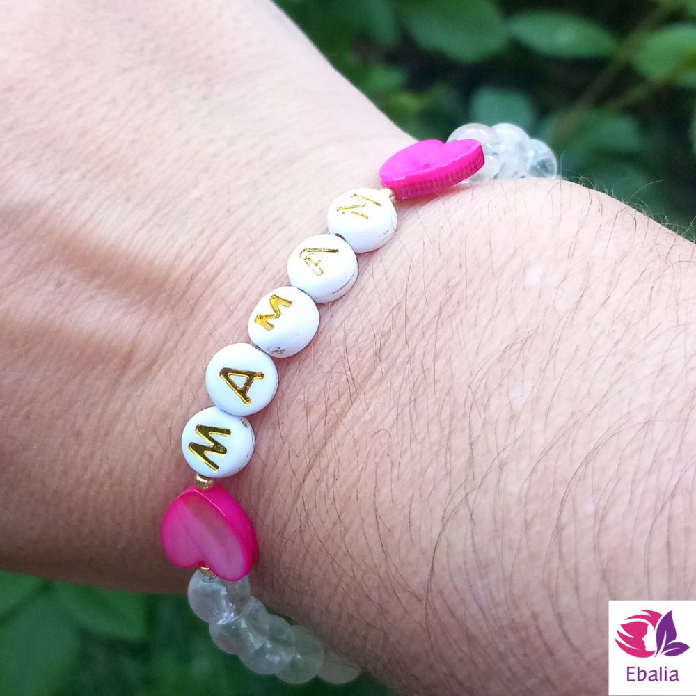Bracelet Personnalisé \"Amour Éternel\" - Mot - lettres personnalisable, Cœurs nacrés personnalisable- Cristal de Roche - quartz rose