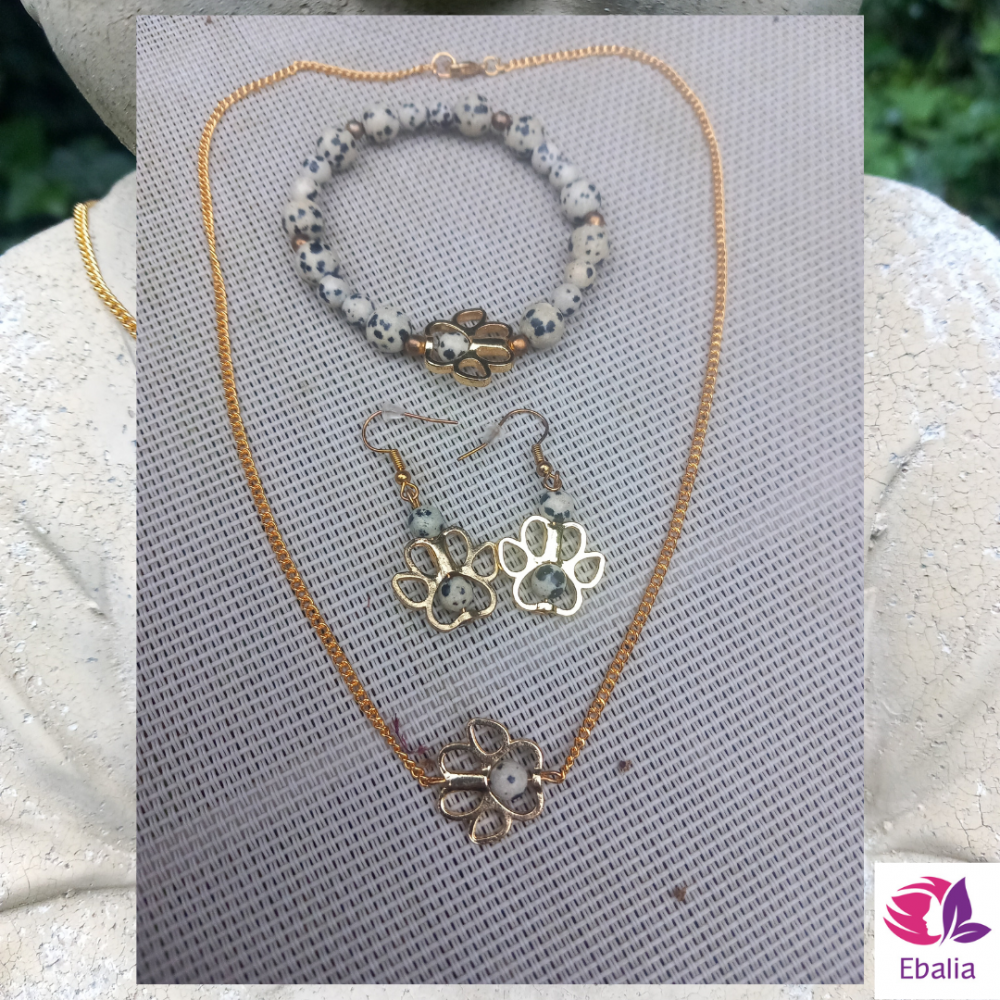 🐾 Collier tendresse \"Mon Fidèle Compagnon\" - Patte de Chien / Chat, Jaspe Dalmatien🐾